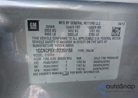 2013 Chevrolet Silverado 1500 Work Truck from USA, damaged, VIN 1GCNCPEX1DZ359158